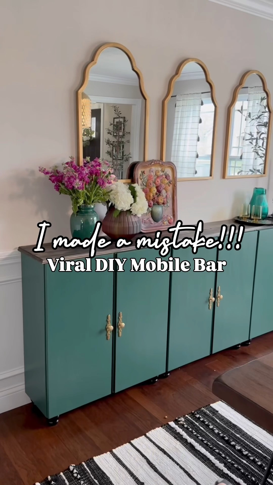 I used 3 ikea cabinets (exact ones linked below), joined by cabinet screws to make this storage cabinet/mobile bar! The casters screwed right into the cabinet base (I used ugly industrial casters bc they’d hold the weight load of liquor bottles so I painted them brass!). We previously used a cheap “project board” for the top (found at any hardware store) so for this part, we then used standard mortar you’d install any tile with for the tile top + marble floor tiles! I also added decorative trim on the top edge (above the tile) to cover the screws in the cabinet. I also added brass pulls to the cabinets & painted everything black & that’s it! Super easy!! 

I cannot believe the quality of these peel & stick tiles, they look & feel so real!!

#LTKHome