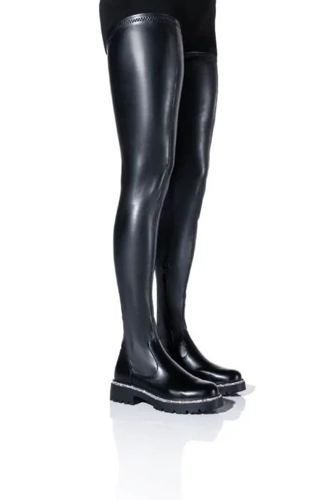 AZALEA WANG NEW RULES THIGH HIGH STRETCH BOOT WITH 4 WAY STRETCH IN BLACK | AKIRA