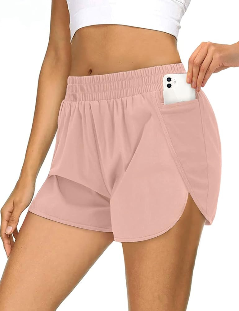 MEROKEETY Womens Athletic Quick-Dry Workout Shorts Elastic Waist Dolphin Running Pockets Shorts | Amazon (US)