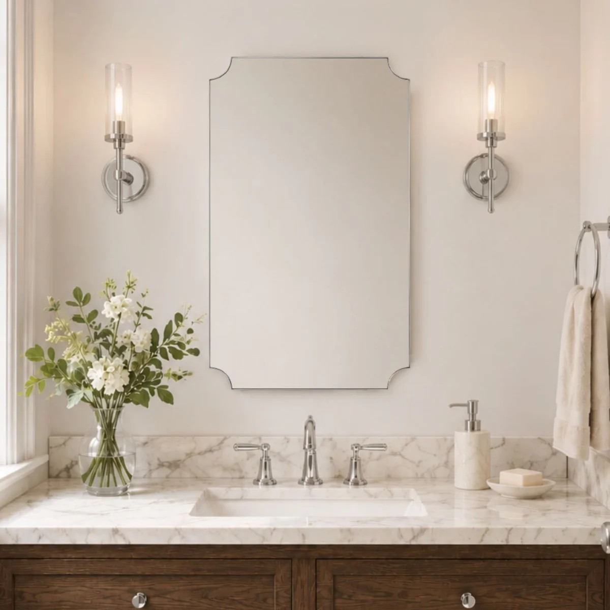 Parisian Decorative Scalloped Bathroom Vanity Mirrors, Rectangular Wall Mirror in 36x24 Polished ... | Wayfair North America