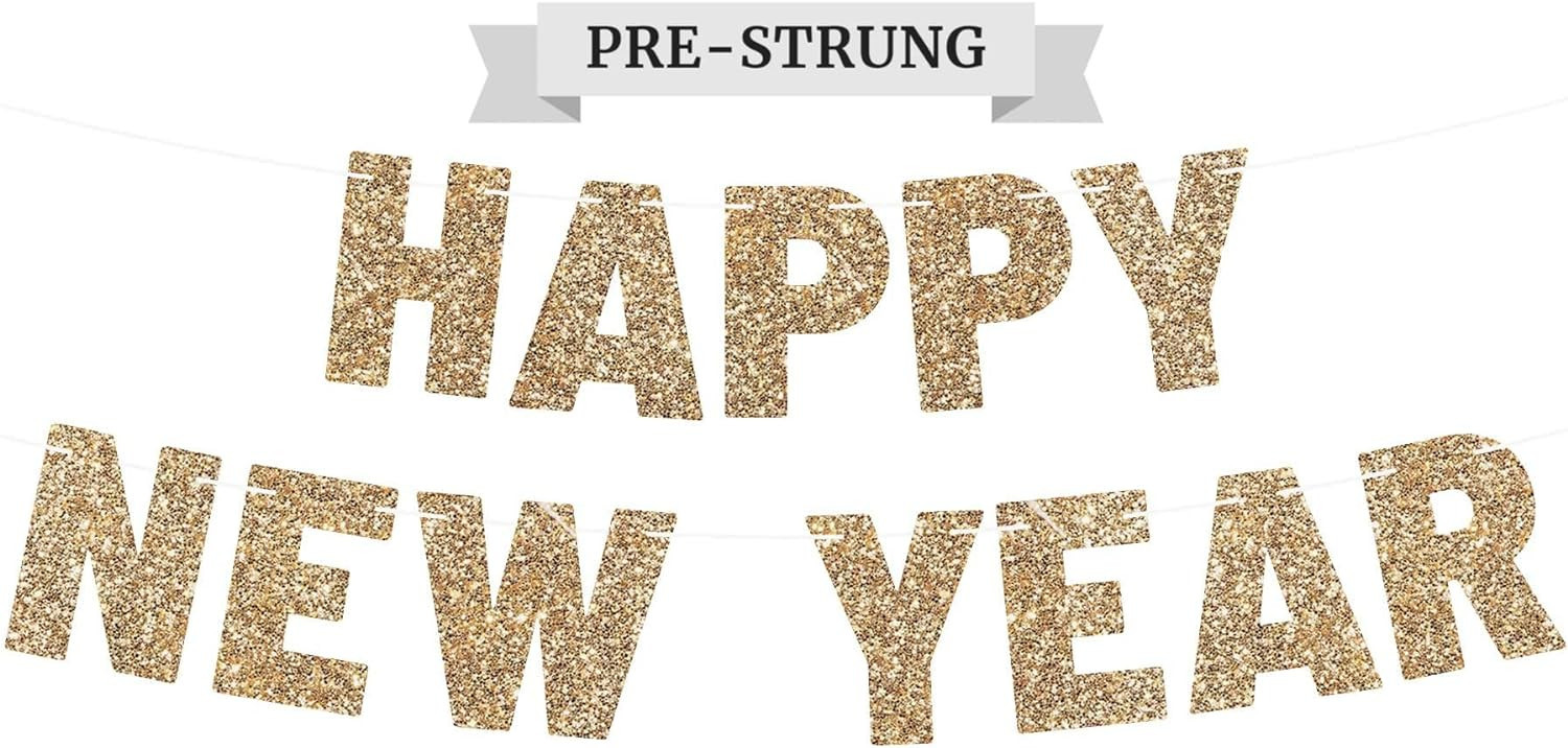 Pre-Strung Happy New Year Banner - NO DIY - Gold Glitter New Years Eve Party Banner - Pre-Strung ... | Amazon (US)