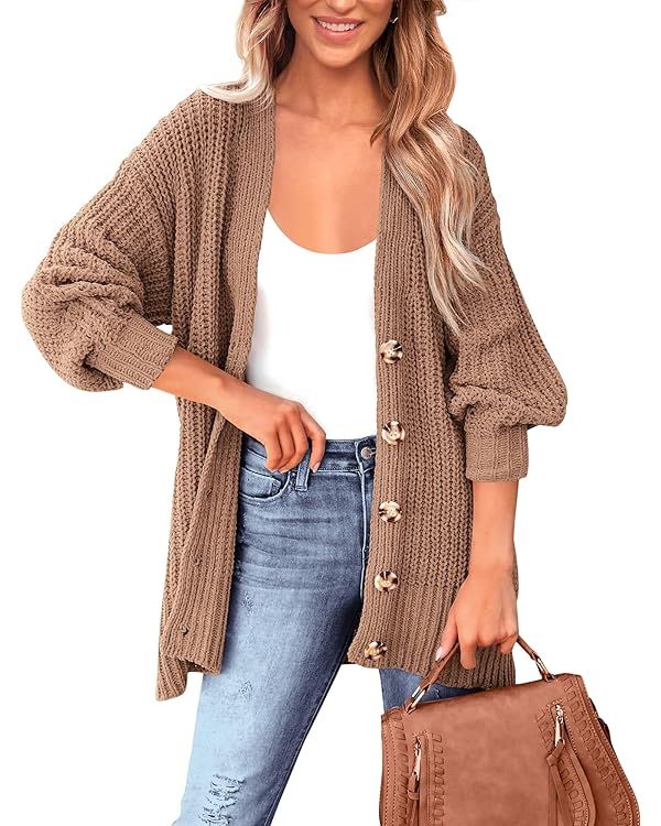 BTFBM Women's Button Down Cardigan Coat Long Sleeve Fall Winter Clothes Loose Chunky Knit Open Fr... | Amazon (US)