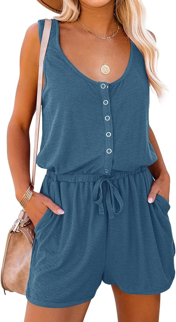 Mafulus Women's Summer Scoop Neck Sleeveless Button Down Tank Top Jumpsuit Rompers Adjustable Waist  | Amazon (US)