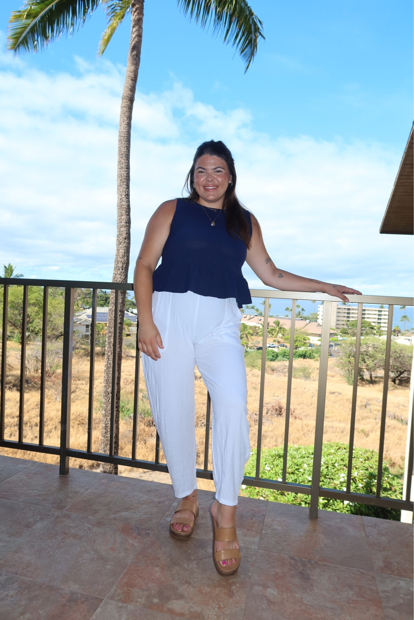 Midsize vacation outfit from Amazon! These linen pants are my new obsession they are tapered at the bottom, I got these in size large for more snug fit. 

This peplum top is part of a two piece set from Amazon! Sandals are Amazon too. 🤍💙🧢

Vacation outfit, travel outfit, cruise outfit, teacher outfit, back to school 

#LTKBacktoSchool #LTKTravel #LTKMidsize