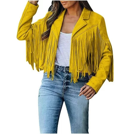 FAVIPT Suede Fringe Jackets for Women Long Sleeve Short Fringe Jacket Front Opne Motorcycle Jacket Leather Tassel Jacket Womens Fringe Vest Faux Suede Tassels Jacket 70s Cowgirl | Walmart (US)