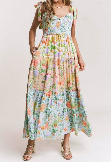Fresh Floral Shirred Tie-Strap Maxi Dress for Beach Vacation & Garden Parties | Chicwish
