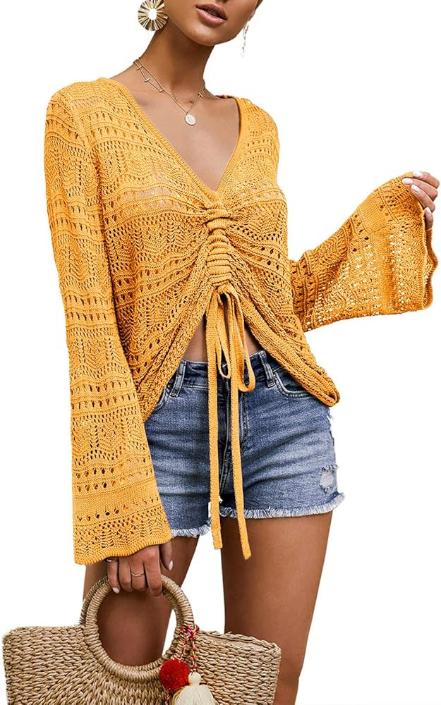 FERBIA Women Crochet Top Beach Cloth Drawstring Shirt Cover Up Oversized Sexy Beachwear Lace Up T... | Amazon (US)