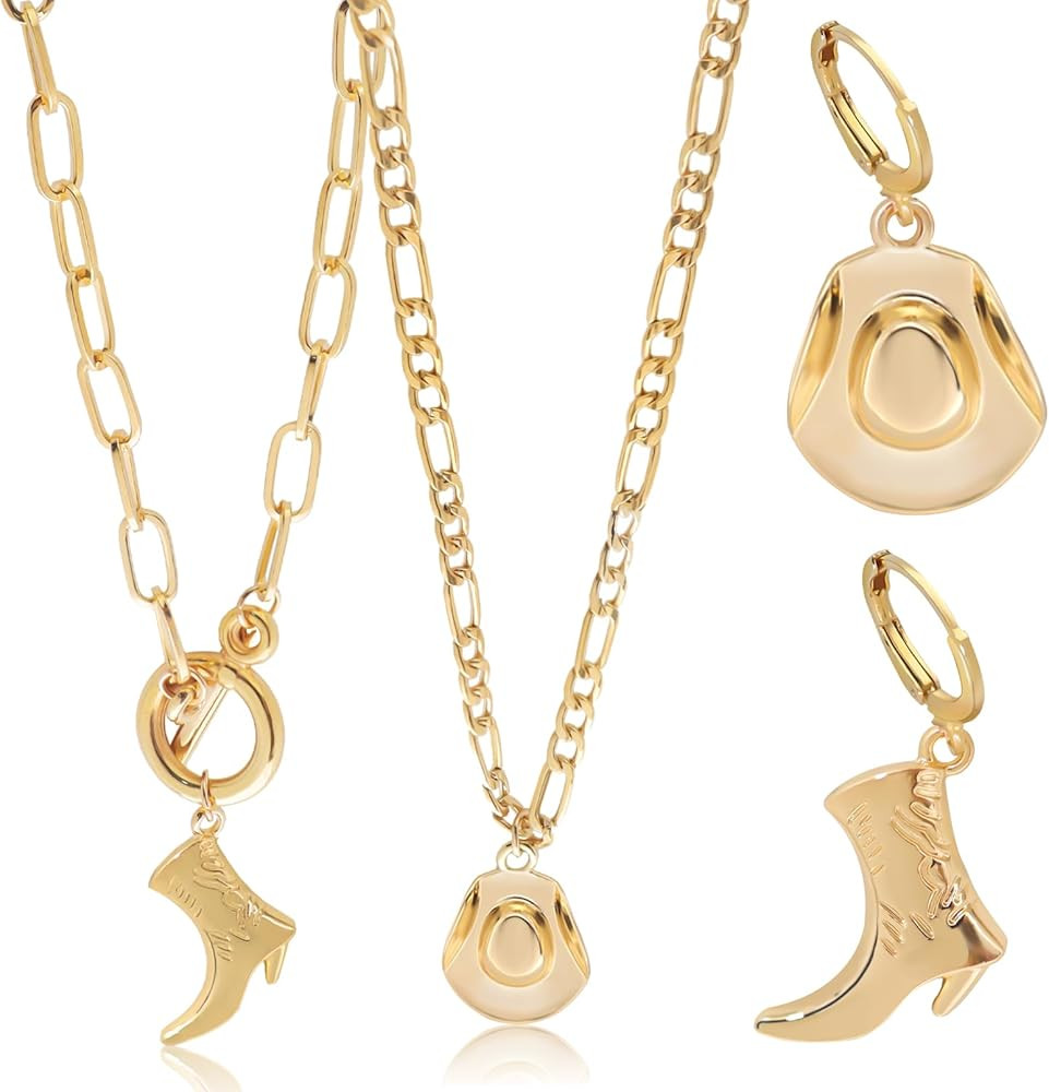 RechicGu Cowgirl Western Necklace Earrings Jewelry Set For Women,Chunky Paperclip Figaro Chain Ne... | Amazon (US)