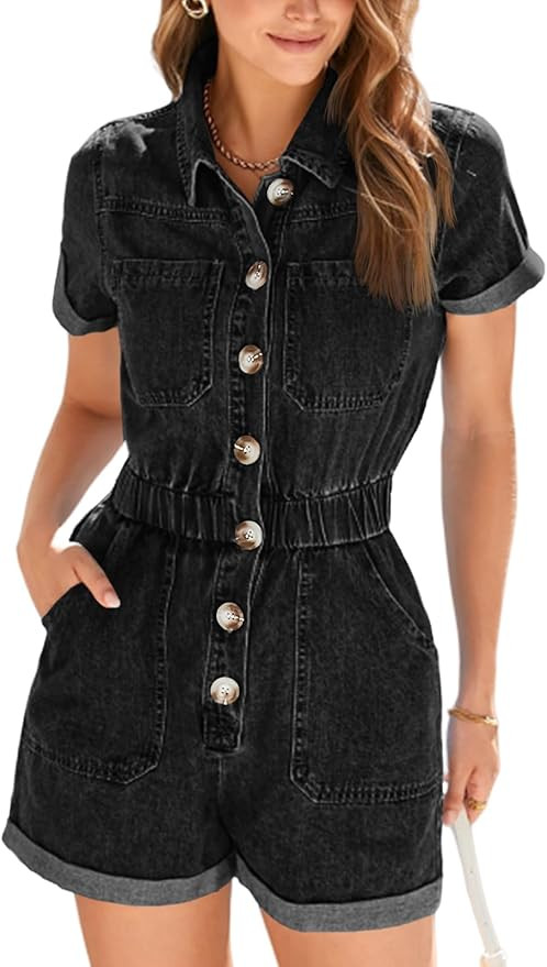 Cicy Bell Women's Short Sleeve Denim Rompers Cotton Utility Button Up Elastic Waist Short Jumpsui... | Amazon (US)