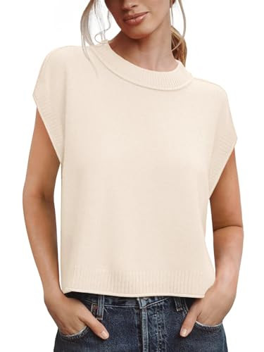 Saodimallsu Womens Cap Sleeve Sweater Vest Crew Neck Casual Loose Knit Summer Lightweight Crop Tank Tops Apricot | Amazon (US)