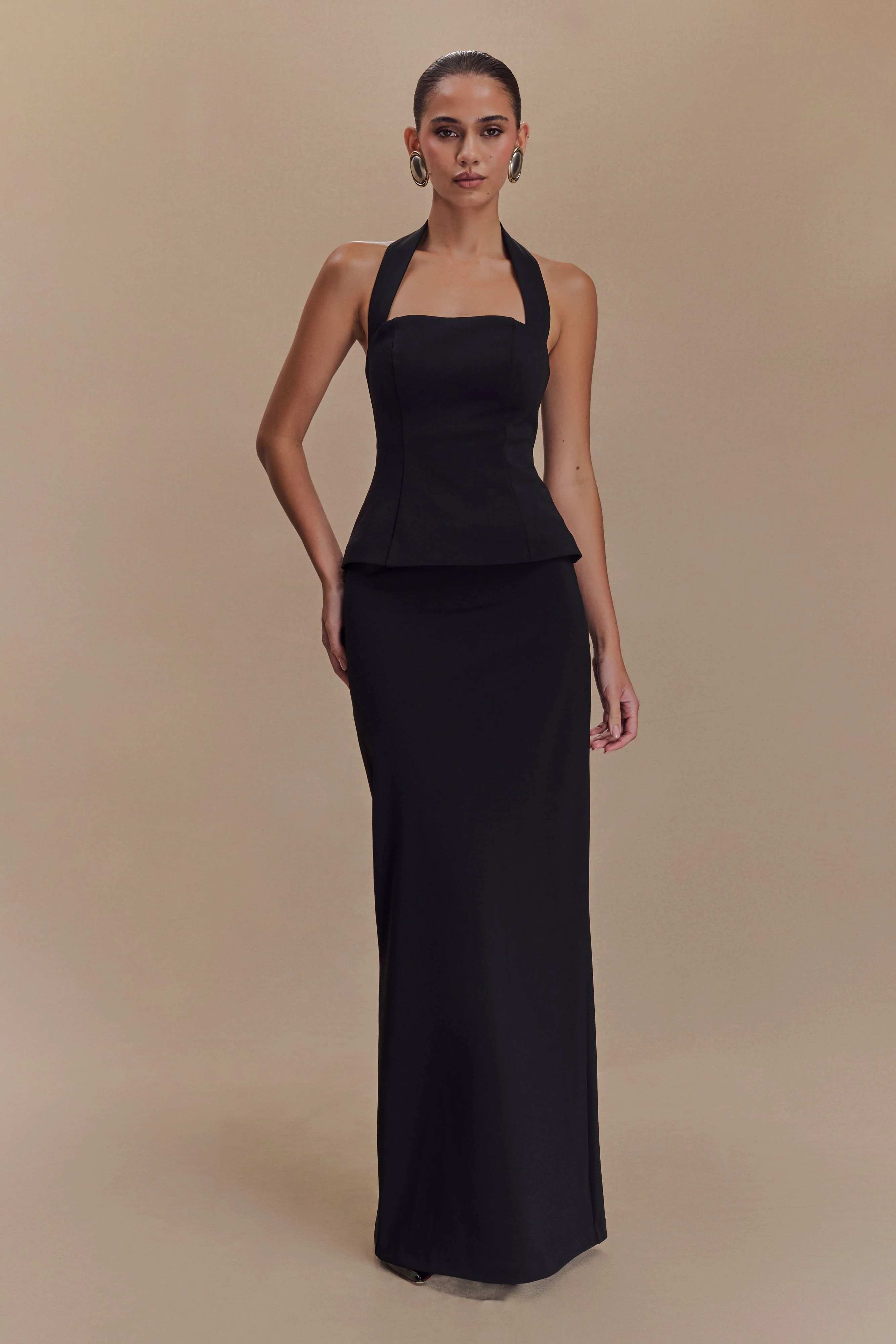 Bertie Peplum Halter Maxi Dress - Black | MESHKI US