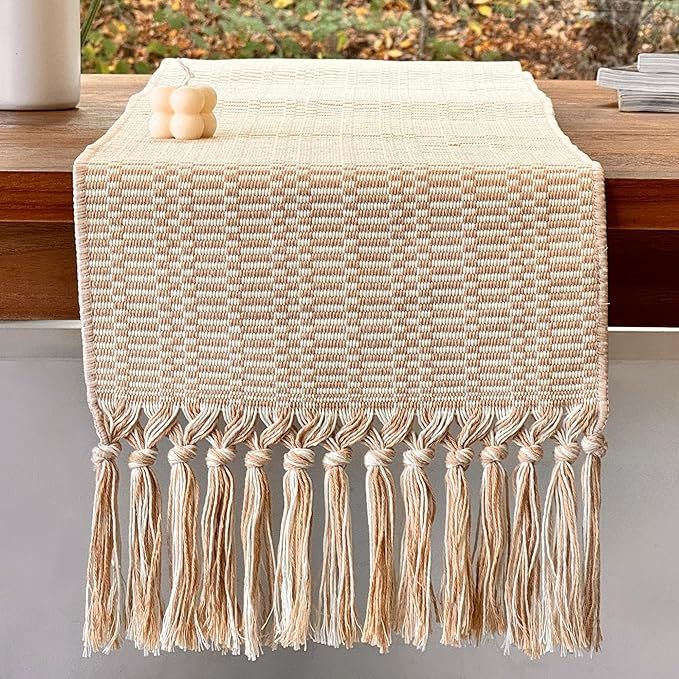 Farmhouse Table Runner 72 Inches Long - Unique Pattern Woven Cream & Tan Table Runner with Handma... | Amazon (US)