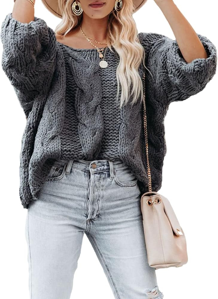 Xishiloft Women's Pullover Sweaters Round Neck Long Sleeve Loose Chunky Cable Knit Solid Color Ou... | Amazon (US)