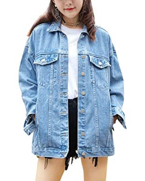 Omoone Women's Oversized Mid Long Denim Jacket Jean Biker Coat | Amazon (US)