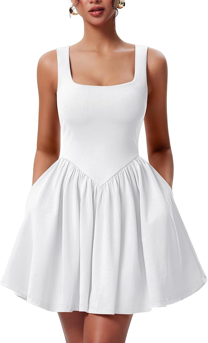 YMDUCH Women's Summer Sleeveless Square Neck A-line Ruffle Hem Mini Tank Dress with Pockets | Amazon (US)