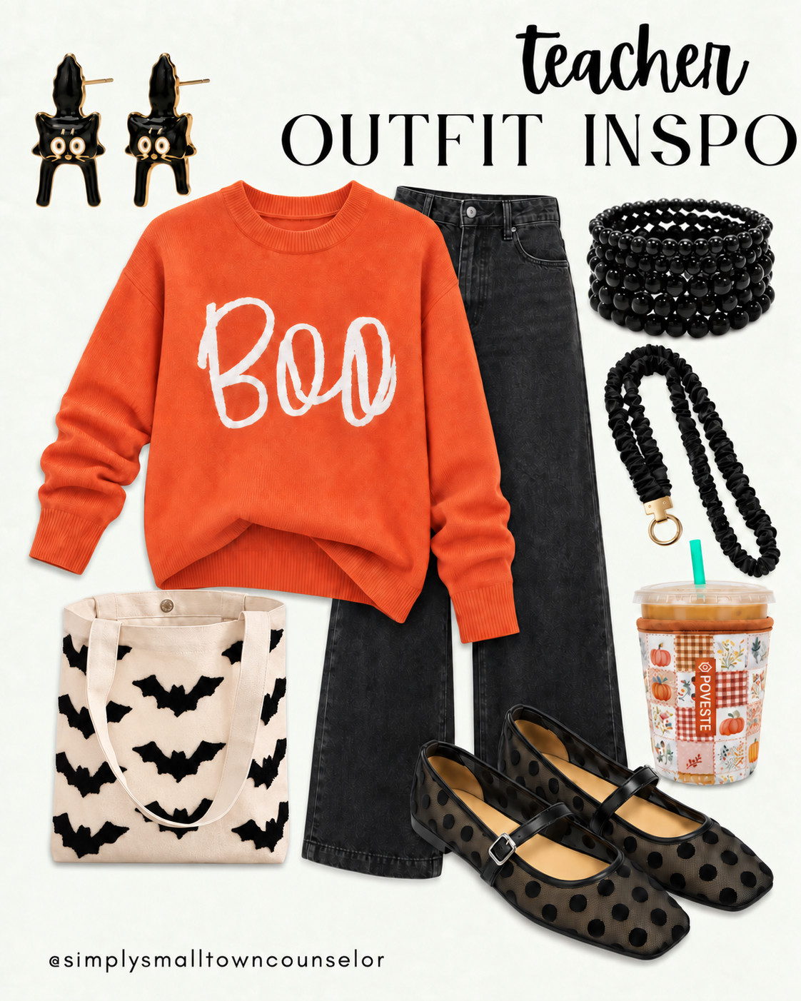 teacher outfit inspo 🖤🎃 A cozy “Boo” sweater & black wide leg jeans for a little Halloween fun in the classroom! Add polka dot Mary Janes, black cat earrings & the cutest bat tote to finish the look! 👻 

 #LTKWorkwear