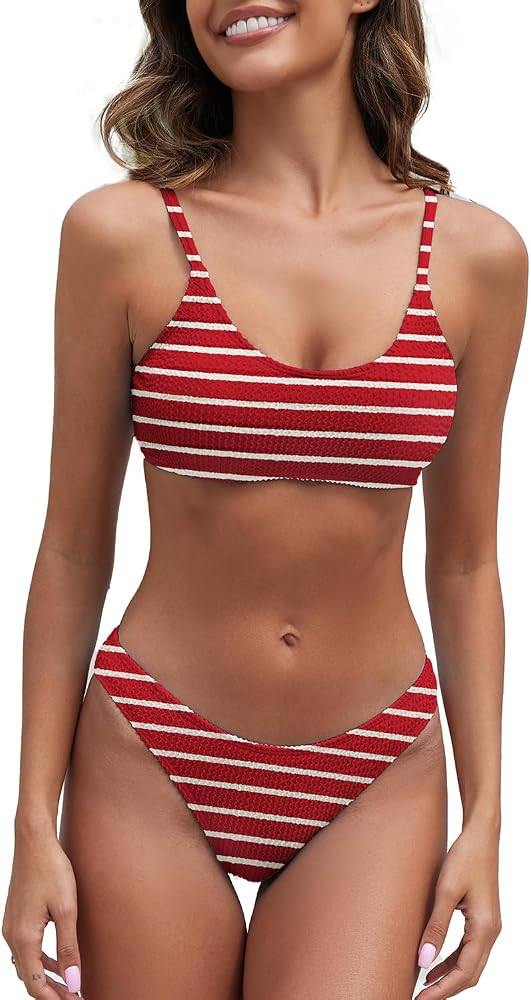 Fanuerg Women's Ribbed Bikini Sets Scoop Neck Cheeky Swimsuit Textured Two Piece Bathing Suit | Amazon (US)