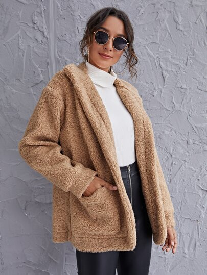 Patch Pocket Teddy Coat | SHEIN