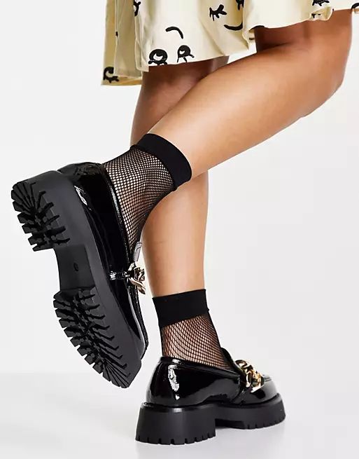 ASOS DESIGN Mai chunky chain loafers in black patent | ASOS (Global)