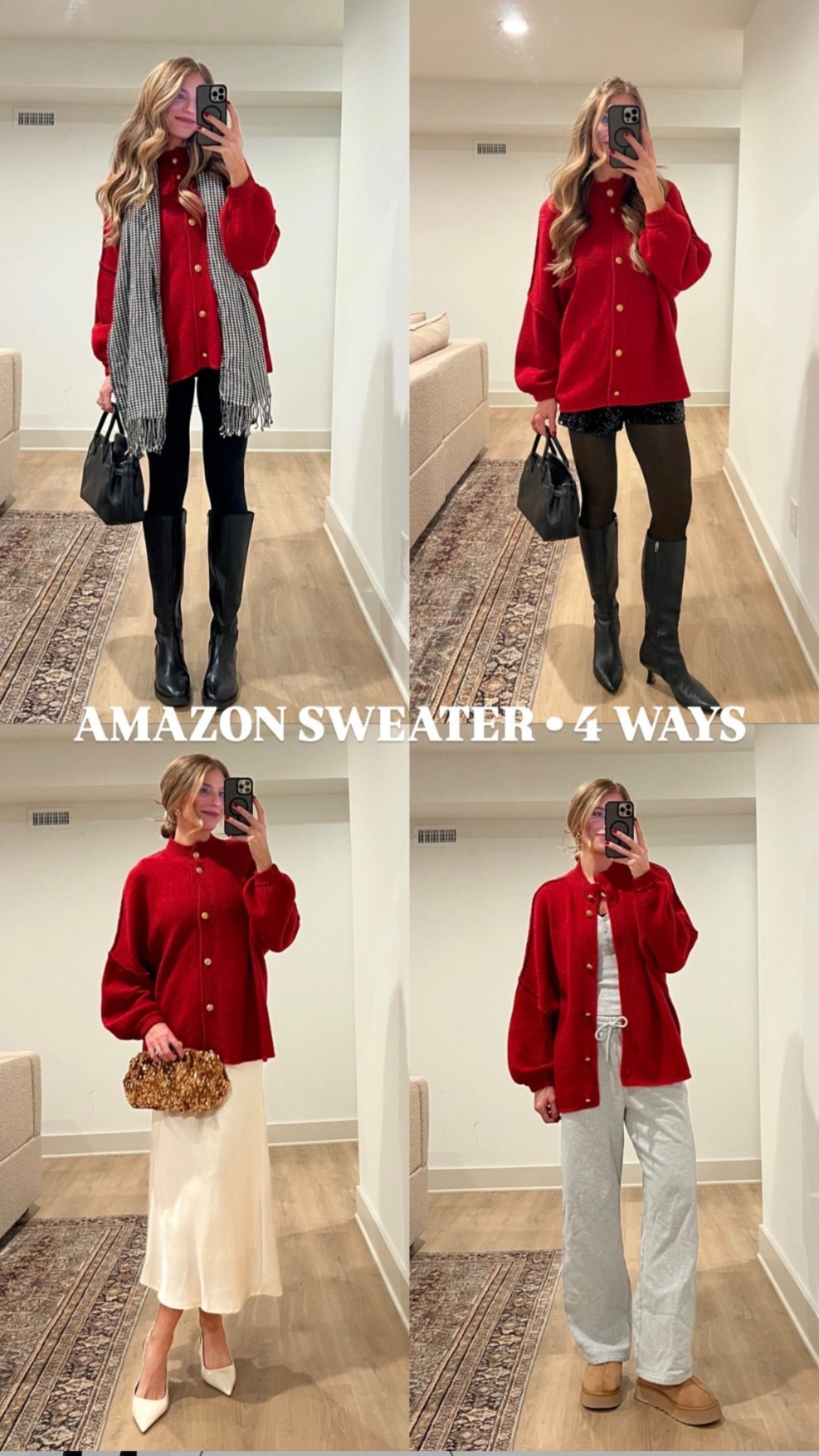 Ways to wear a red button up Amazon cardigan sweater. I got a size medium for length (I’m 5’11”) 
Small tall in leggings 
The “hose” I’m wearing in the second outfit are actually fleece lined leggings and give the effect of tights. Not see through! Tall sizes! 
Medium in satin skirt to bump. Stretchy waist and run tts 
Medium tall in lounge pants for bump
Medium in sequin shorts for bump




Red sweater, Christmas sweater, tall girl friendly, bump friendly, holiday outfits, New York outfits, Amazon finds, Amazon fashion 

#LTKHoliday #LTKFindsUnder50 #LTKTall