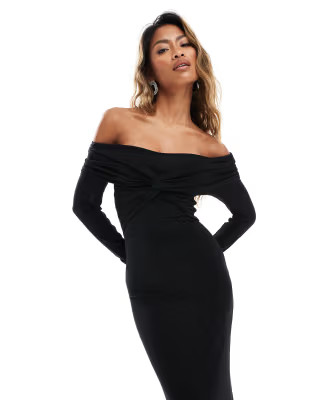 ASOS DESIGN off shoulder twist midi dress with long sleeves in black | ASOS | ASOS (Global)