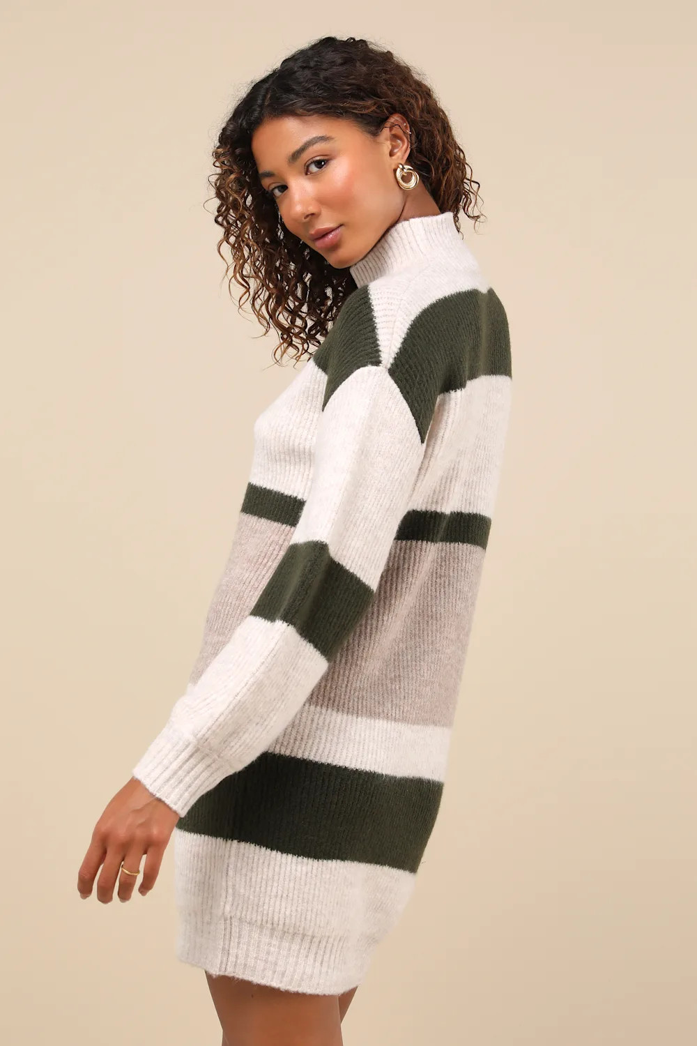 Casually Comfy Olive Green Striped Mock Neck Sweater Dress | Lulus