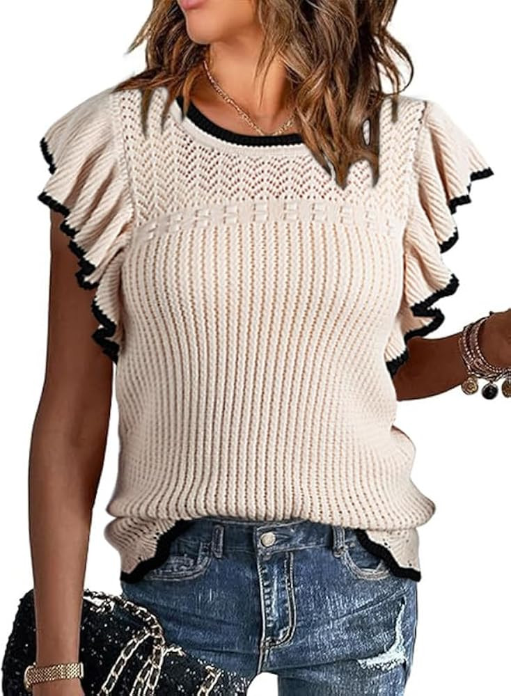 SHEWIN Womens Sweater Vest Ruffle Sleeve Sweaters for Women 2024 Fall Fashion Crewneck Cute Tops | Amazon (US)