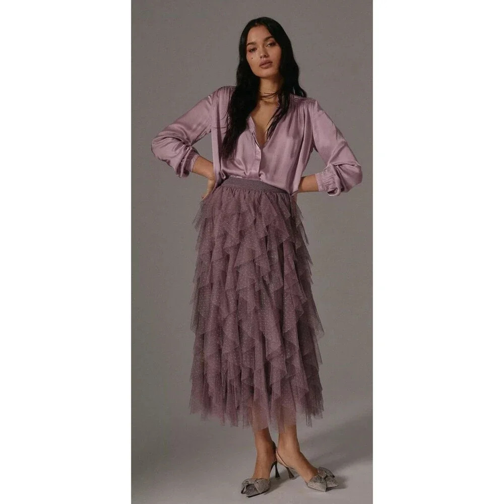 Anthropologie Midi Skirt Purple Cheri Ruffle Tulle Elastic Waist Preppy Sz L New | Poshmark