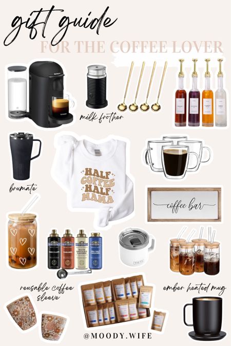 Gift guide for the coffee lover ☕️ 💗 New moms running on coffee, caffeine and a whole lot of cute moments with your new baby? This gift guide is for you! Having all of the essentials at home to make yourself a coffee bar treat is the perfect gift! Gift ideas for coffee addicts, coffee lovers, coffee fueled families and those who love the comfy & coziness of a warm cup of coffee in hand this winter! 🫶🏼 

nespresso / milk frother / gold coffee stir spoons / gold coffee syrup dispensers / brumate / half coffee half mama pullover / insulated coffee cups / coffee bar sign / glass iced coffee cup with lid / ghiradelli coffee syrup collection / yeti mug / glass iced coffee cups with lids / reusable coffee sleeves / coffee from around the world / ember coffee mug  

#LTKHoliday #LTKGiftGuide #LTKfindsunder100