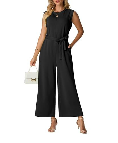 Lepunuo Black Womens Jumpsuit Dressy Casual Rompers for Women Tie Knot Crewneck Overalls with Pockets Vacation Outfits | Amazon (US)