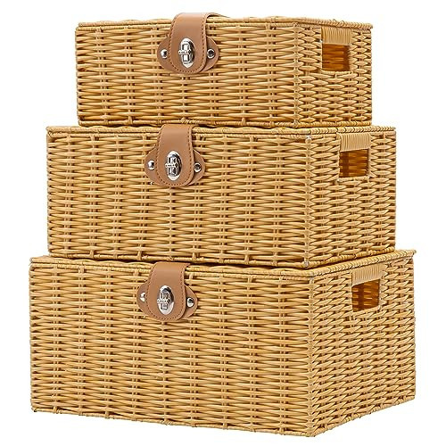 Homepeaz Wicker Storage Baskets with Lids, Set of 3 Decorative Storage Boxes For Organizing, Woven Baskets with Leather Lock and Handles (Beige) | Amazon (US)