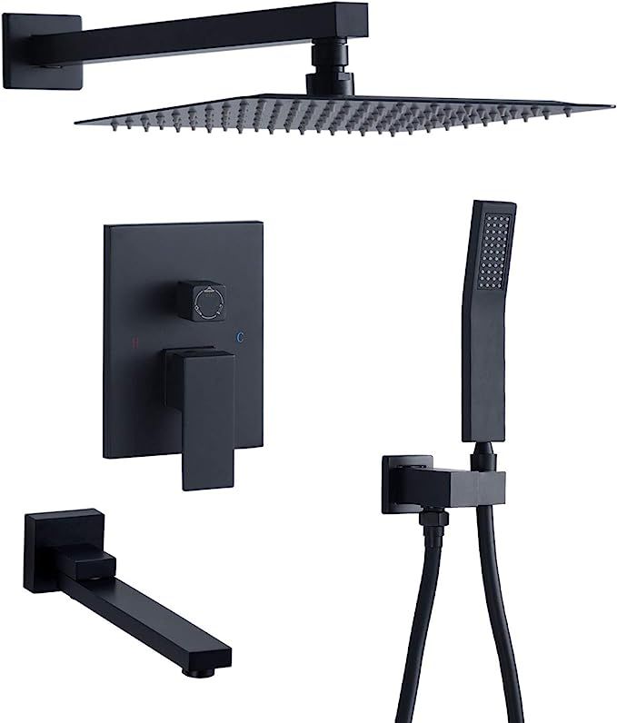 DoBrass Black Shower Faucets Set Complete with Pre-embedded Valve, 10-inch Square Rainfall Shower... | Amazon (US)