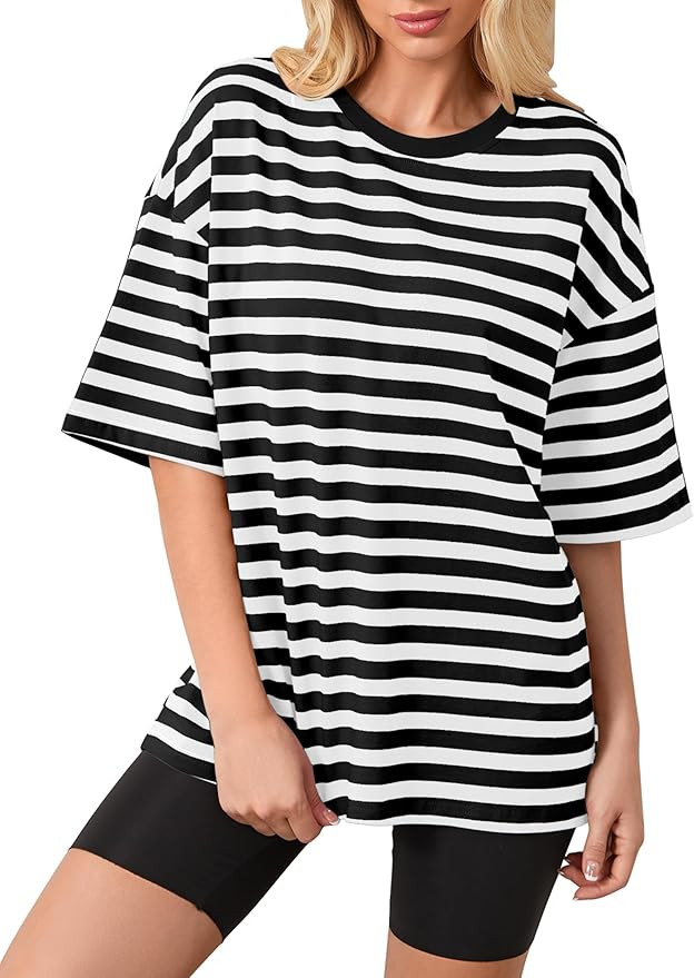 Women Oversized Striped Color Block Short Sleeve Crew Neck T-Shirts Casual Loose Pullover Tops Su... | Amazon (US)
