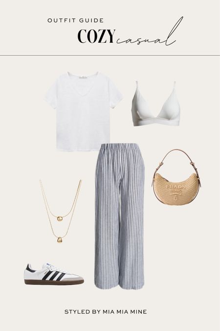 Casual summer outfit
White tee
Striped pants / pajama pants
Adidas Samba sneakers
Gold necklace 

#LTKStyleTip #LTKFindsUnder100 #LTKShoeCrush