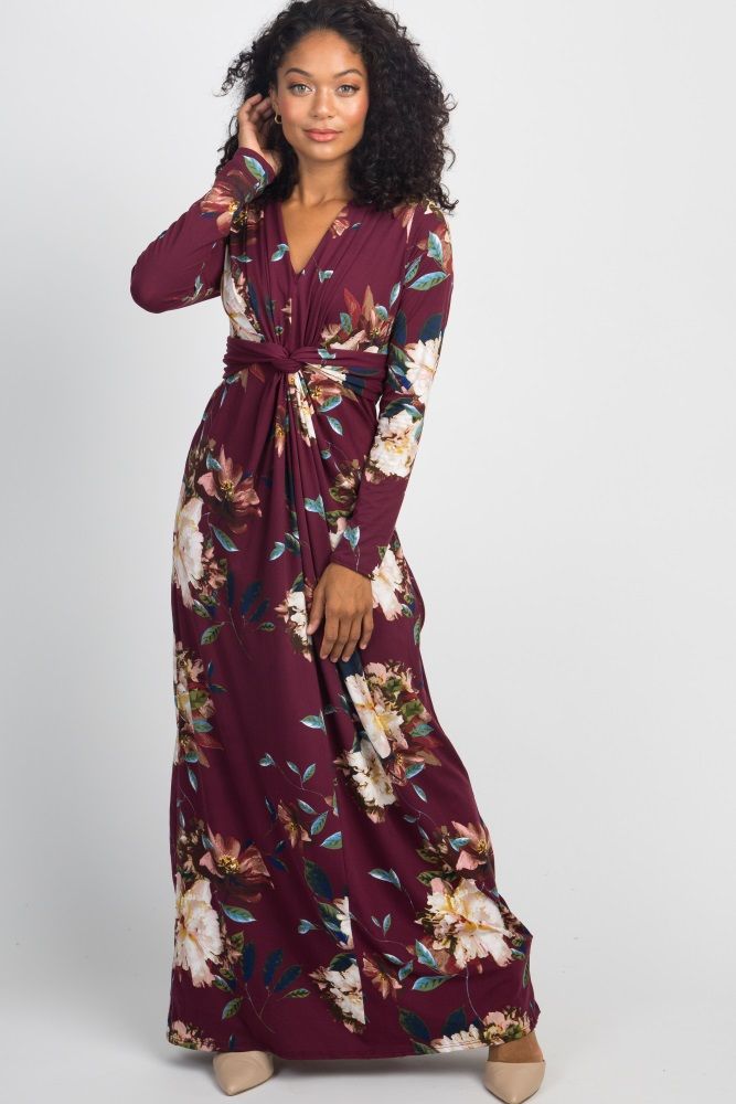 Burgundy Floral Front Twist Long Sleeve Maxi Dress | PinkBlush Maternity