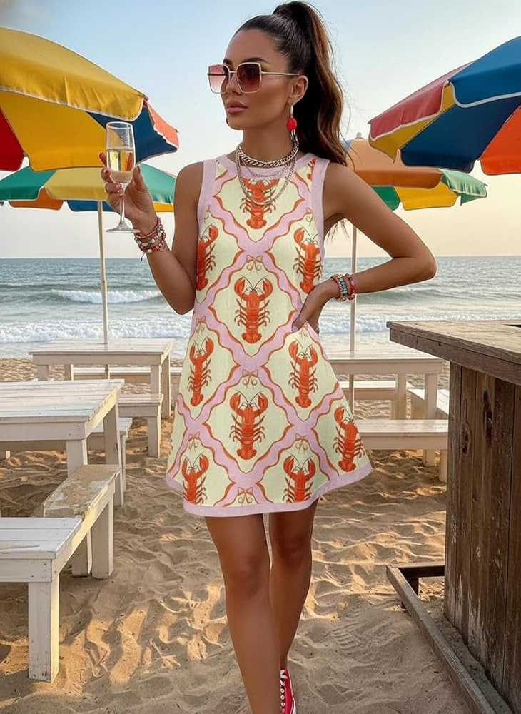Women's Sleeveless Crew Neck Sardine Print Mini Dress Loose A Line Summer Vacation Beach Party Fu... | Amazon (US)
