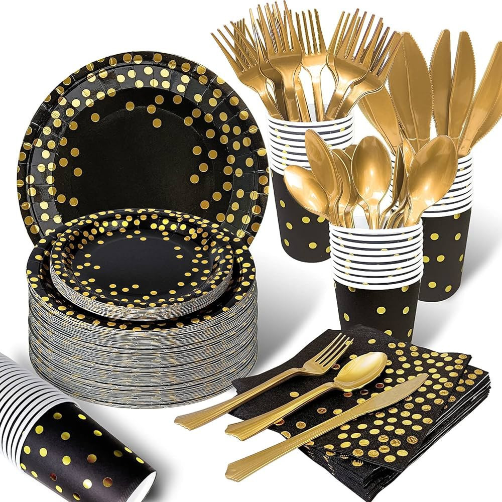 175PCS Black and Gold Party Supplies, Severs 25 Disposable Party Dinnerware Gold Plastic Forks Kn... | Amazon (US)