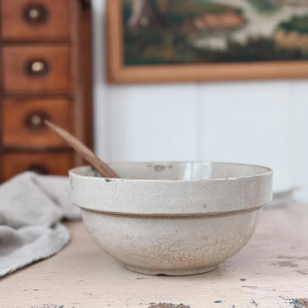 Antique Tan Glazed Stoneware Mixing Bowl | Farmhouse Crock Decor | Etsy (US)
