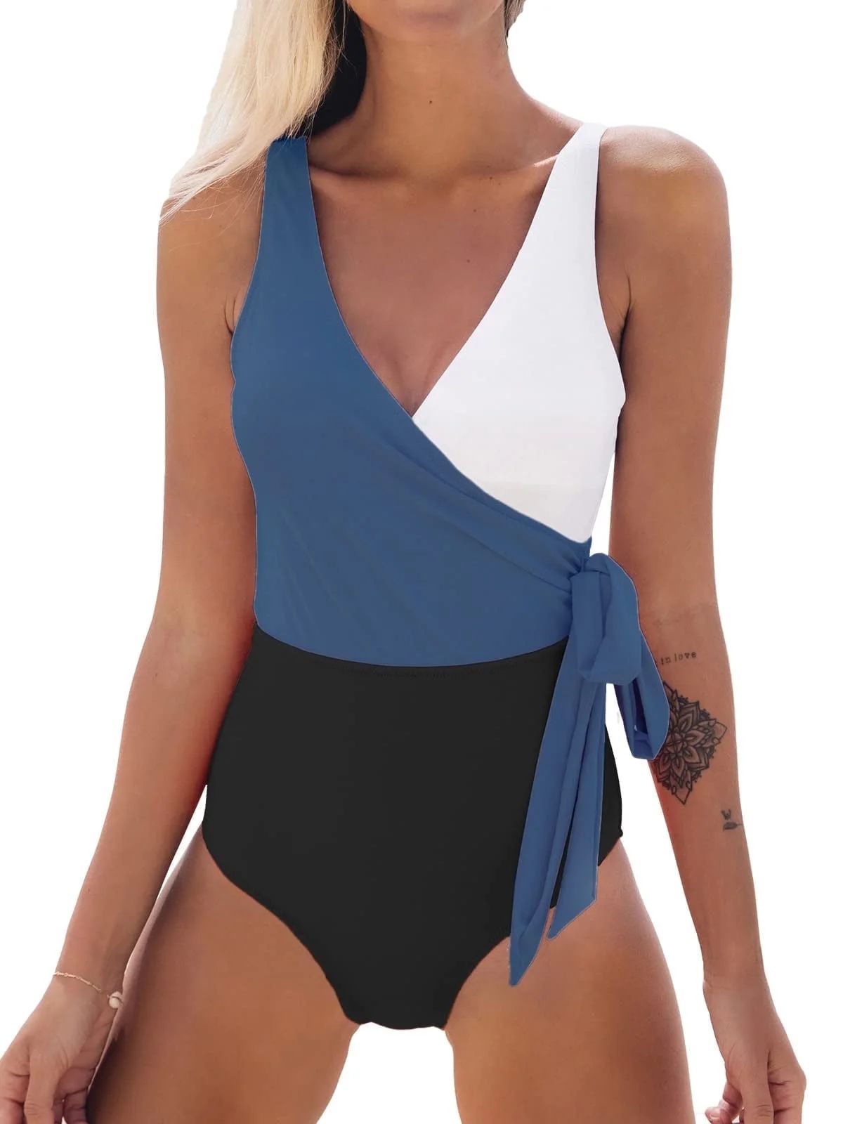 Cupshe Women's One Piece Swimsuit Wrap Color Block Tie Side Bathing Suit Dark Blue | Walmart (US)