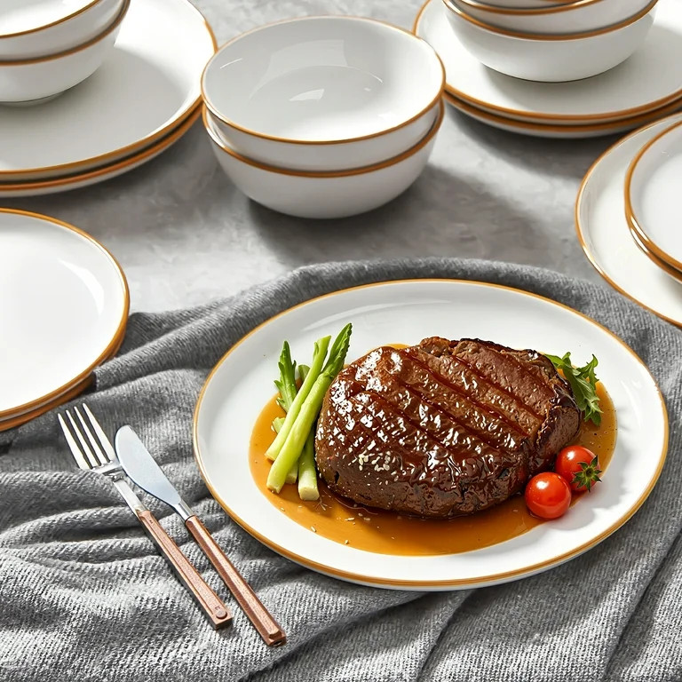 KFFKFF 12-Piece Ceramic Dinnerware Set for 4, Includes Round Plates and Bowls, Scratch Resistant,... | Walmart (US)