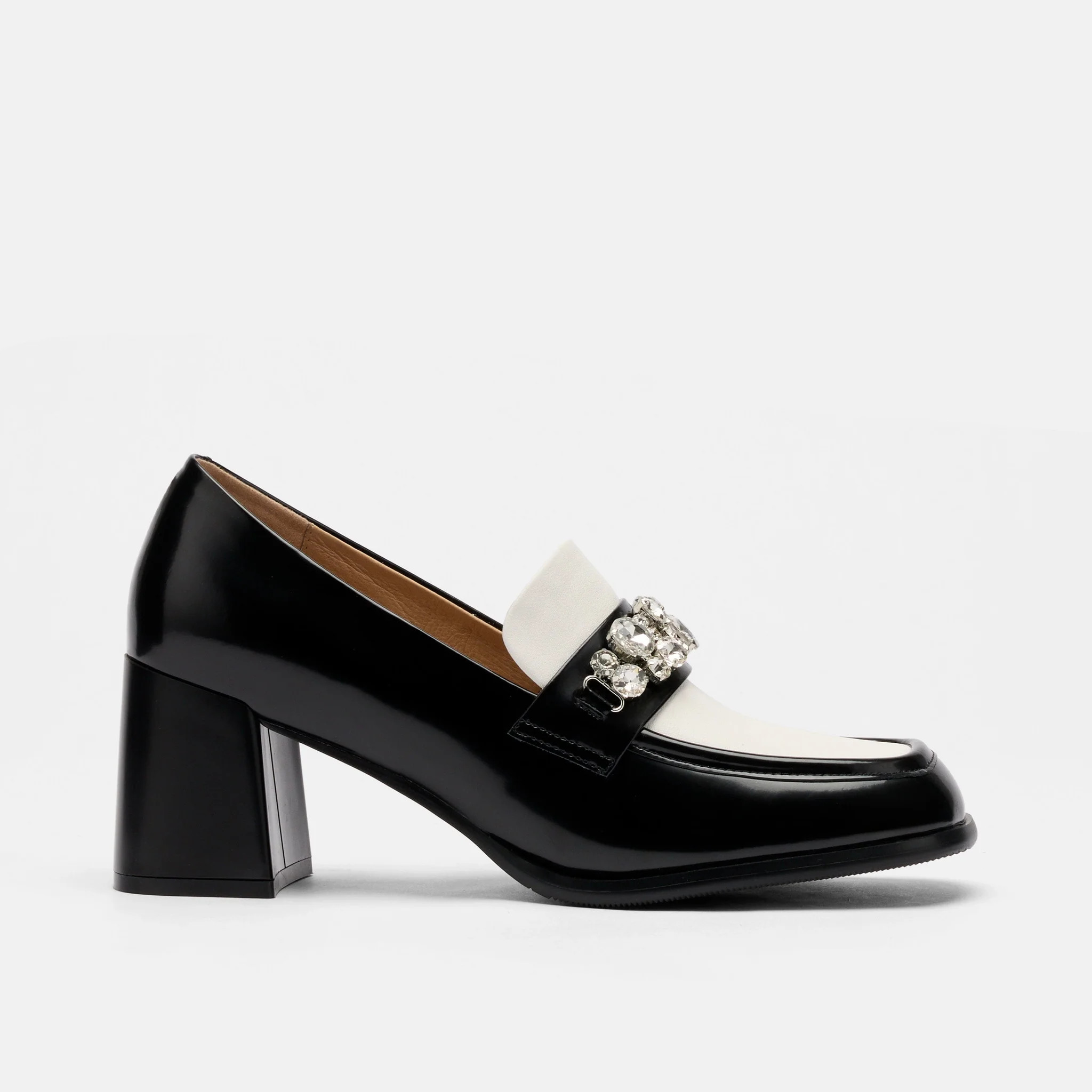 Margot Black/White Patent Leather Penny Loafer Block Pumps | Marc Nolan