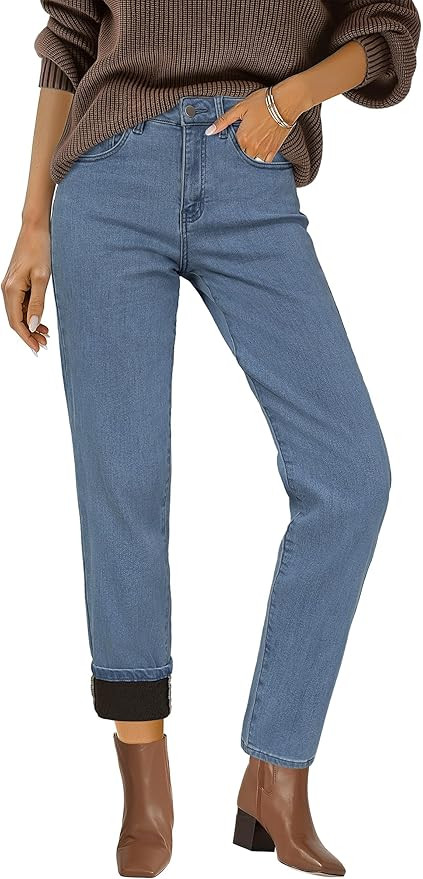 Arach&Cloz Women's Thin Fleece Lined Jeans High Waisted Stretch Warm Straight Leg Pants 2025 | Amazon (US)