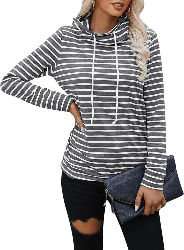 COZYEASE Women's Striped Turtleneck Tee Shirts Casual Long Sleeve Drawstring Sweatshirts Tops | Amazon (US)