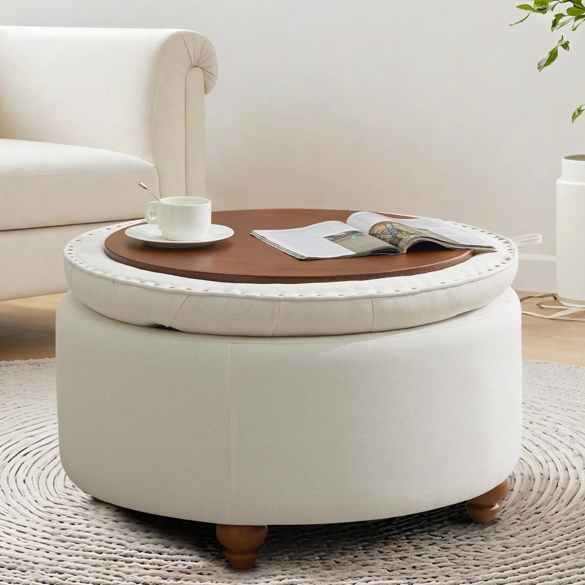 24'' Round Ottoman with Storage, Modern Tufted Fabirc Storage Ottoman with Removable Top for Livi... | Walmart (US)