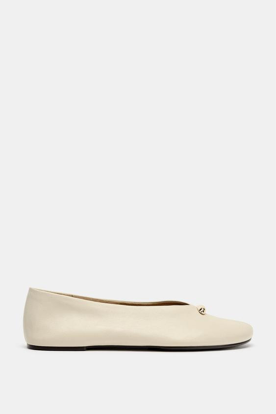 Zara - Leather Ballet Flats With Metal Detail - Ecru White - Au 10 - Eu 41 - Woman | Zara AU