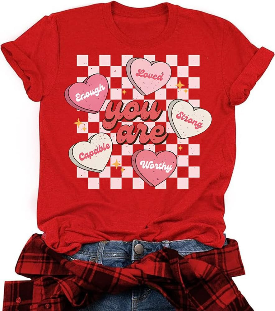 Womens Valentine's Day Shirts Love Heart Printed T-Shirts Short Sleeve Casual Graphic Tee Tops | Amazon (US)