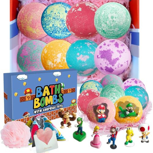 Bath Bombs for Kids: Mario Bath Bombs with Surprise Inside, Organic Bath Bombs Rich in Natural Essential Oils, Kids Bath Bombs Gift Set for Dry Skin Moisturize, Gifts Card for Kids (8 Pcs) | Amazon (US)