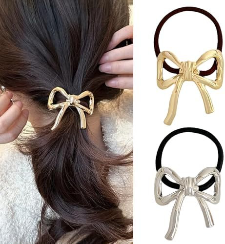 Hair Ties for Women Bow Hair Tie for Girls Gold Silver Metal Hair Elastics Rubber for Long Thick ... | Amazon (US)