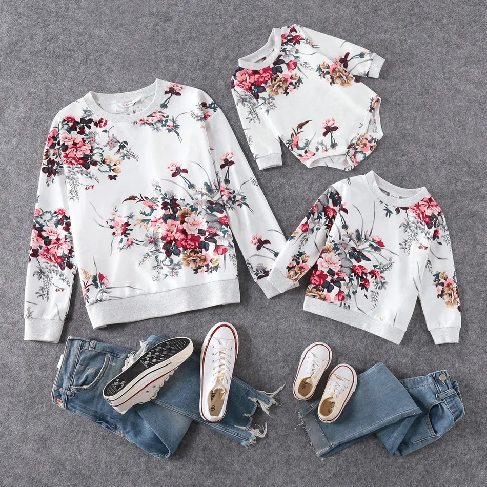 Floral Print Crewneck Drop Shoulder Long-sleeve Tops for Mom and Me | PatPat