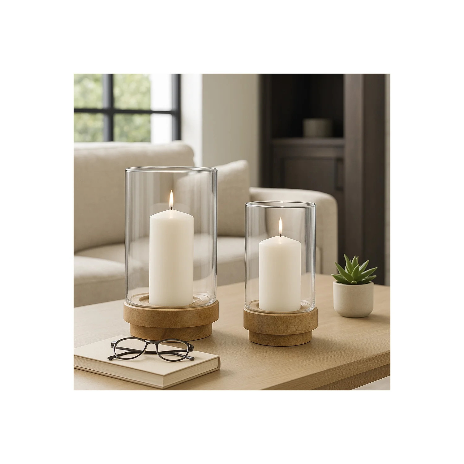 Cylindrical Hurricanes Candle Holder with Glass and Wood Base for Home Decor - Glass Candle Holde... | Walmart (US)